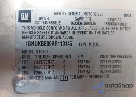 2010 Chevrolet Tahoe Lt z USA, uszkodzony, nr VIN 1GNUKBE09AR110145